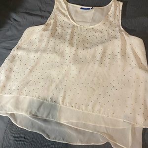 Apartment 9, Offwhite, double layer sheer top, with gold dots on the top layer.